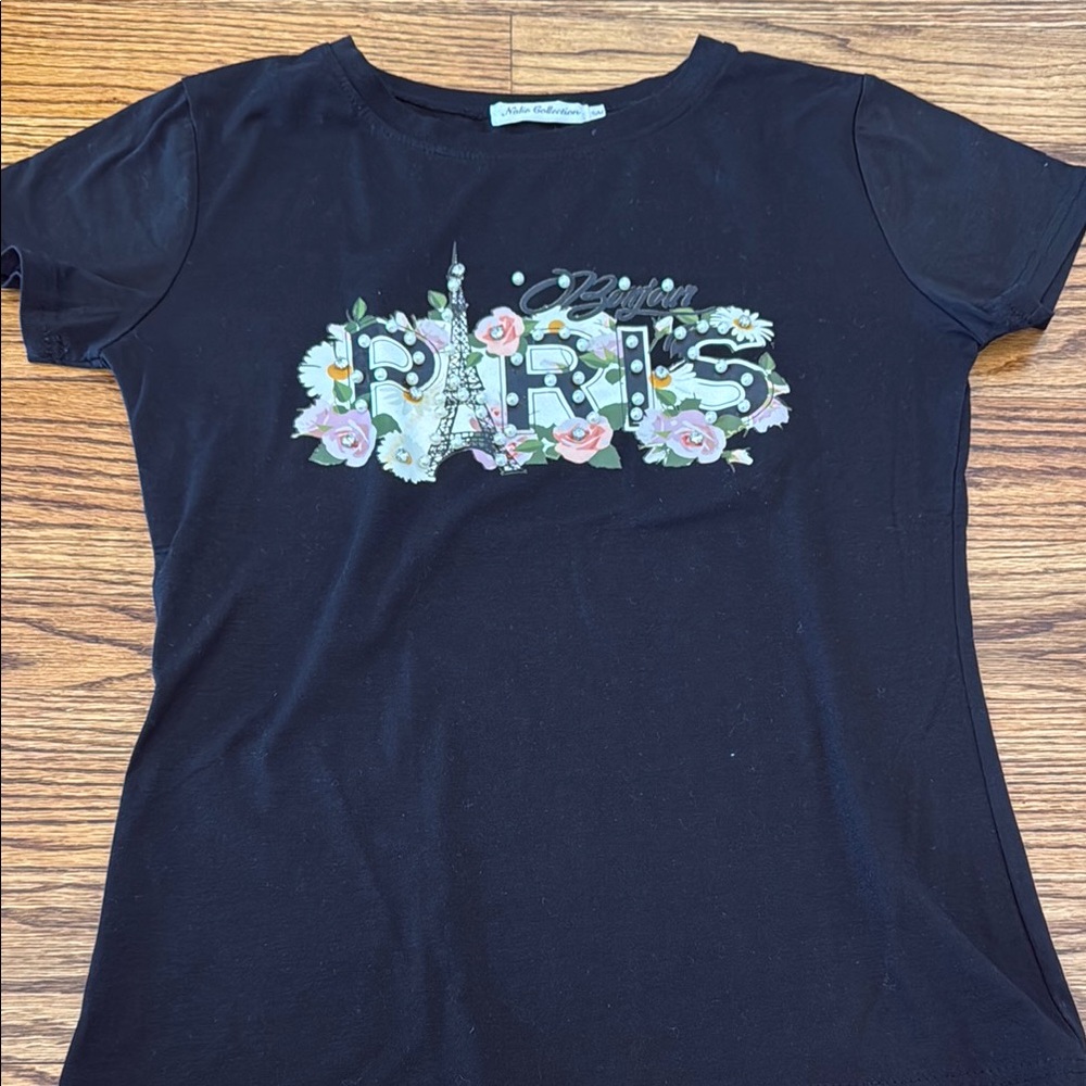 NalieCollection Women’s Black Paris Graphic Tee Pearl Embellishment Sz S